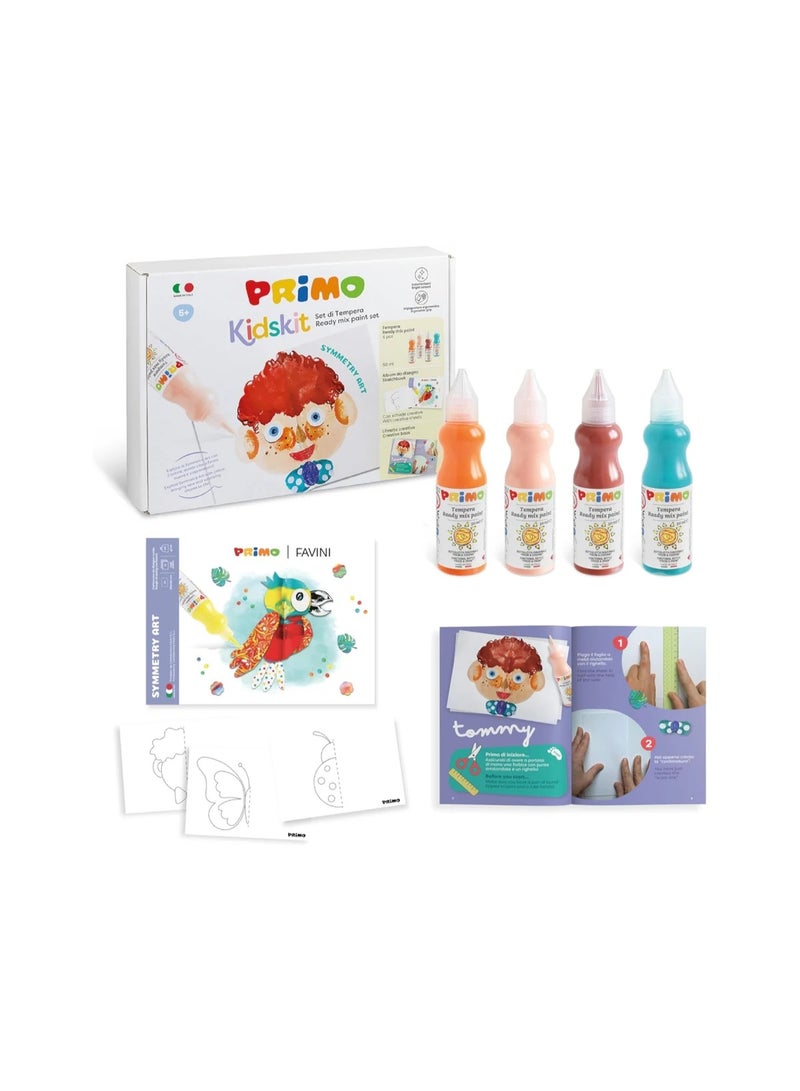 بريمو مجموعة بريمو كيدسكيت للفنون المتناظرة - مجموعة تلوين للأولاد والبنات من عمر 5 سنوات فما فوق، تتضمن 4 ألوان تمبرا مريحة، وألبوم، وكتيب إبداعي. - Image 1